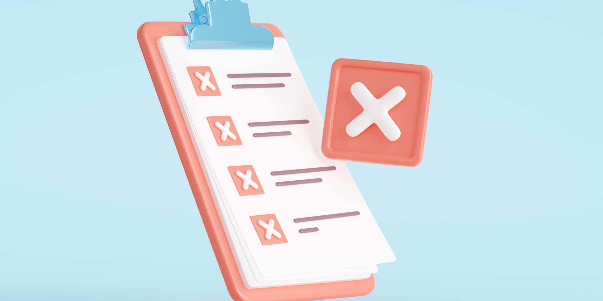 Denied checklist, 3d clipboard with cross marks