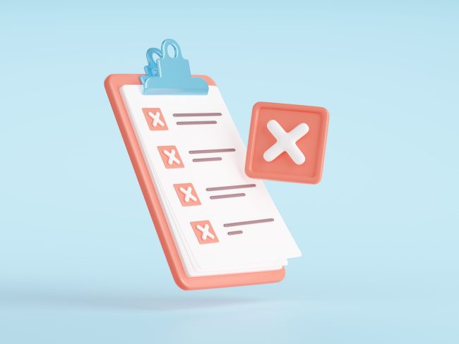 Denied checklist, 3d clipboard with cross marks
